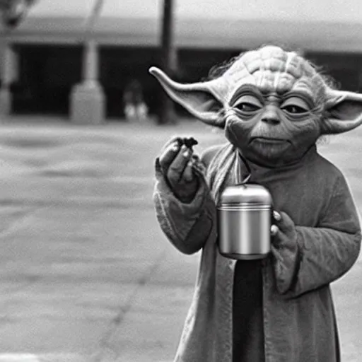 Image similar to A still of Yoda’s first day at school. Holding a Star Wars lunch pail .