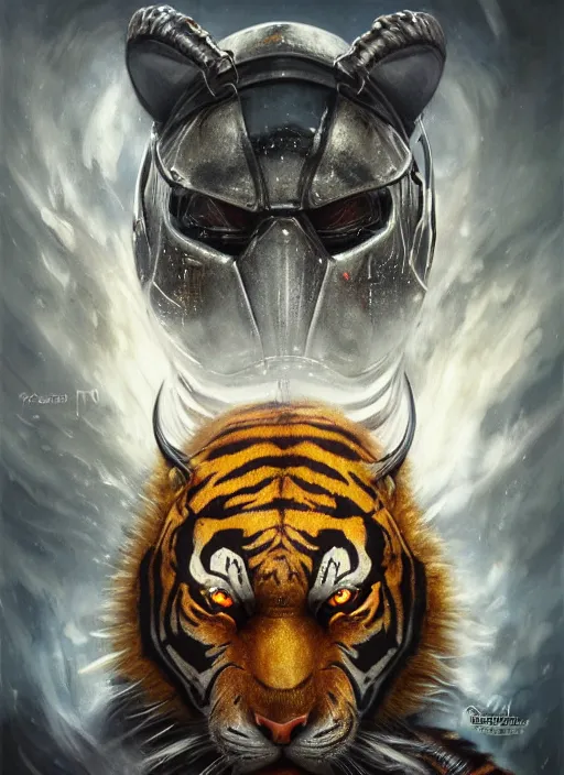 Image similar to cyber tiger downtown cn tower mf doom tiger eyes, wet metal fur. intricate, elegant, highly detailed, centered, digital painting, artstation, concept art, smooth, sharp focus, illustration, artgerm, tomasz alen kopera, peter mohrbacher, donato giancola, joseph christian leyendecker, wlop, frank frazetta