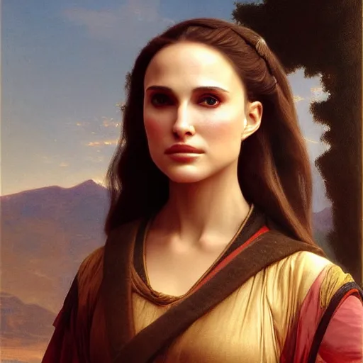 Image similar to Painting of Natalie Portman as Padme Amidala. Art by william adolphe bouguereau. During golden hour. Extremely detailed. Beautiful. 4K. Award winning.