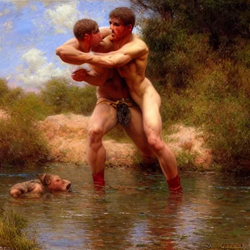 Image similar to young shepherds wrestling by a river, playful, male, muscular, detailed face, gorgeous, amazing, muscular, intricate, highly detailed, painting by Gaston Bussiere, Craig Mullins