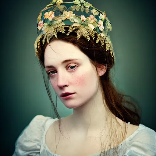 Prompt: kodak portra 4 0 0, 8 k, artstation, soft light, volumetric lighting, highly detailed, britt marling style 3 / 4 extreme close - up portrait photography of a beautiful woman pre - raphaelite, inspired by art nouveau, royal woman wearing ornate art nouveau orchid headdress, realistic, refined, highly detailed