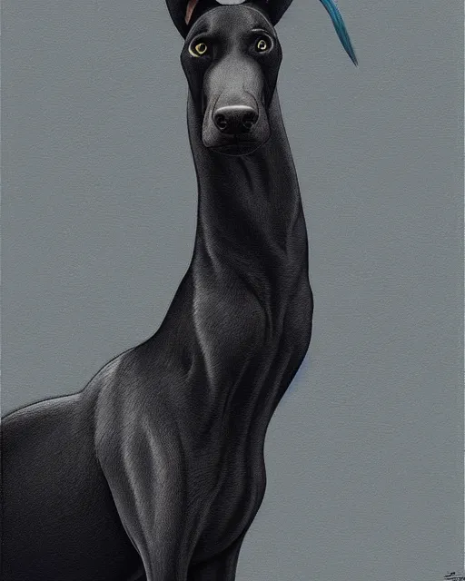 Image similar to painting of hybrid between black weimaraner & black stallion horse! & intercrossed animal, by mattias adolfsson, by tiffany bozic, cold hue's, concept art, single object scene, beautiful composition, 8 k, digital painting