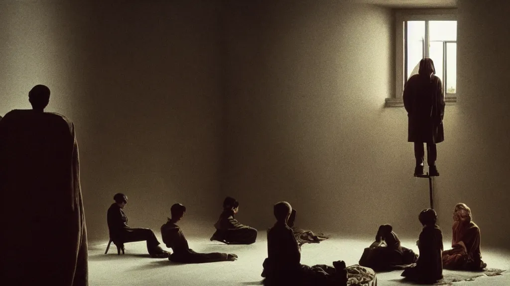 Image similar to people sit in the living room, a giant head watches them through a window, film still from the movie directed by Denis Villeneuve with art direction by Zdzisław Beksiński, wide lens