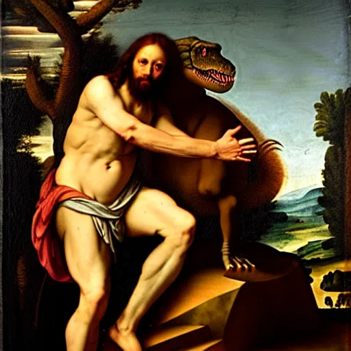 Image similar to T-rex with jesus’ haircut, renaissance painting, 4K