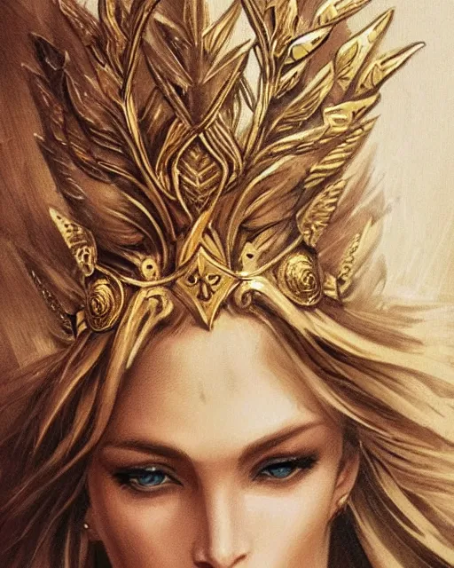 Image similar to tattoo design sketch of hot blonde super model as aphrodite greek goddess wearing a gold laurel wreath and triangle earrings, beautiful piercing gaze with sharp pupils, in the style of greg rutkowski, fantasy, amazing detail, epic, elegant, smooth, sharp focus, front view