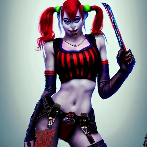 Image similar to harley quinn from the suicide quad, full body shot, fantasy, medieval, vivid colors, elegant, concept art, sharp focus, beautiful face, digital art, Hyper-realistic, 4K, Unreal Engine, Highly Detailed, HD, Dramatic Lighting by Brom, trending on Artstation