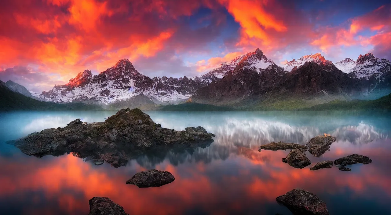 Image similar to amazing landscape photo of mountains with lake in sunset by marc adamus, beautiful dramatic lighting