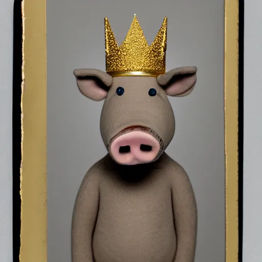 Image similar to studio photograph of a pig depicted as a muppet wearing a gold crown, front view