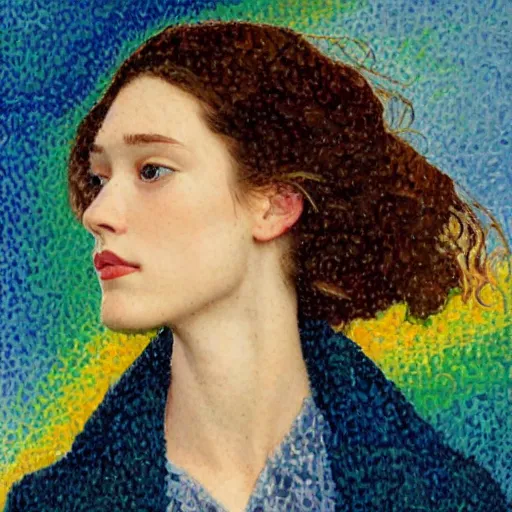 Image similar to professional painting of Astrid Frisbey in the style of Henri-Edmond Cross, head and shoulders portrait, symmetrical facial features, smooth, sharp focus, illustration, intricate, stormy weather, extremely detailed masterpiece,