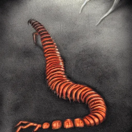 Prompt: horrifying realistic centipede monster, creepy, depiction, hd, authentic, dark, evil