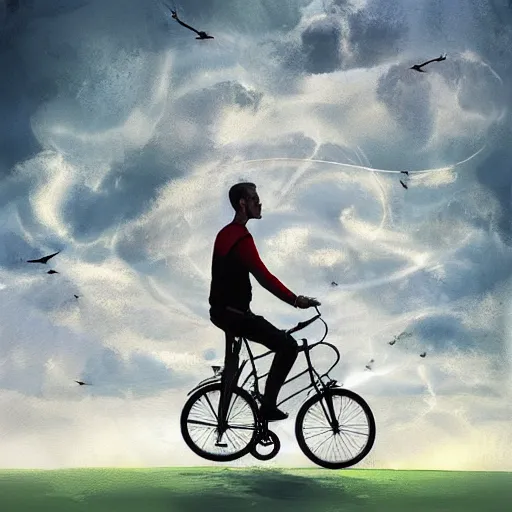 Image similar to The joy of riding a bike through the sky, striking composition, evokes feelings of wonder, expressive digital painting