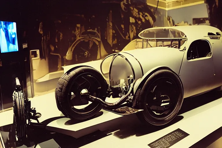 Image similar to cyberpunk 1 9 2 6 bugatti type 3 5, volumetric lighting, in a museum, museum exhibit, museum lighting, 9 0 s film photo