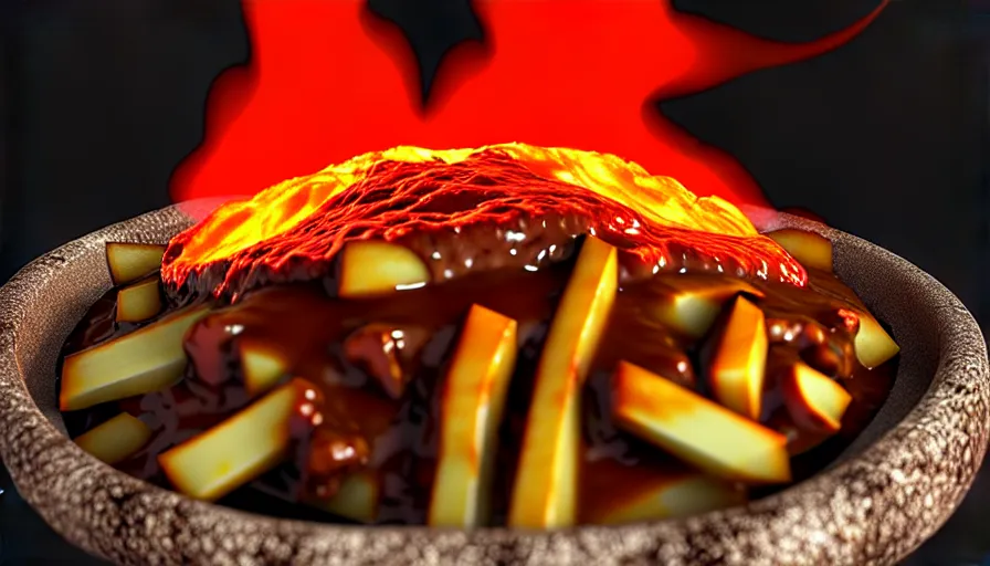 Prompt: poutine ( the canadian meal ) from mount doom, volcano texture, lava texture, fire texture, 8 k, octande render, surface blemishes