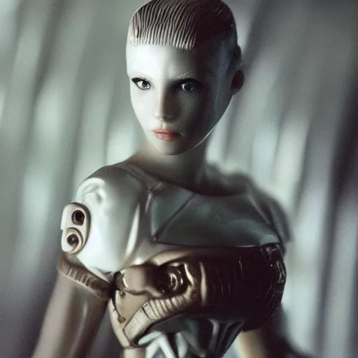 Image similar to beautiful extreme closeup portrait photo in style of 1 9 9 0 s frontiers in miniature porcelain retrofuturism deep diving helmet fashion magazine blade runner seinen manga edition, real - life art nouvceau porcelain figurine, highly detailed, eye contact, pointe pose, soft lighting