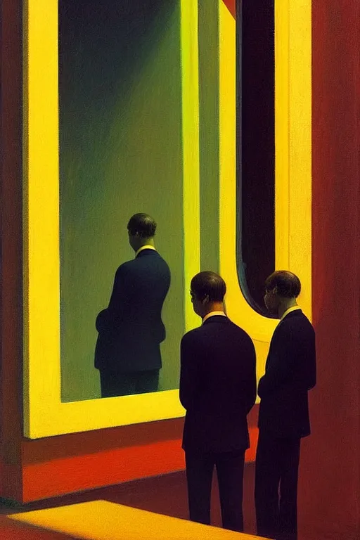 Image similar to group of men watching another man through a one sided mirror, edward hopper and james gilleard zdzislaw beksisnski higly detailed