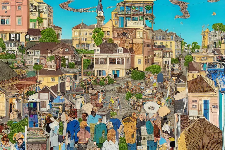 Prompt: an elaborate painting of a peaceful neighborhood, detailed, made of alcohol ink on parchment and penned illustrations, by wes anderson and geoff darrow