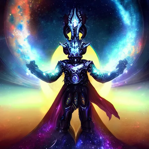 Prompt: photorealistic fantasy cosmic concept art of a cosmic god with armor made out of planets and dark matter, hovering in a unknown galaxy, fully body portrait, cinematic, dynamic lighting, ultra detailed, creative, trending on art station, stunning visuals, creative