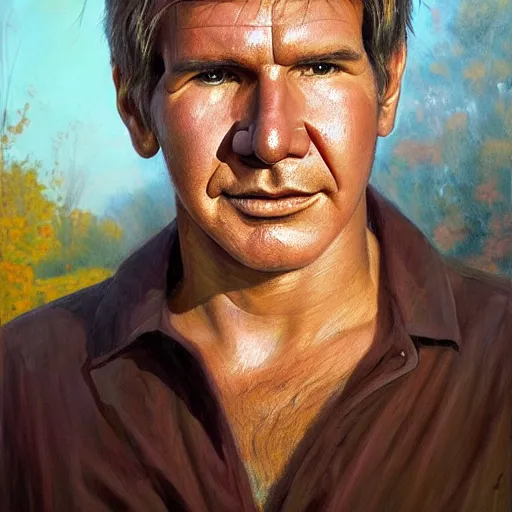 Prompt: stunning serene portrait of a young Harrison Ford wearing a clown suit by Mark Arian, oil on canvas, masterpiece, realism, piercing gaze, autumn bokeh