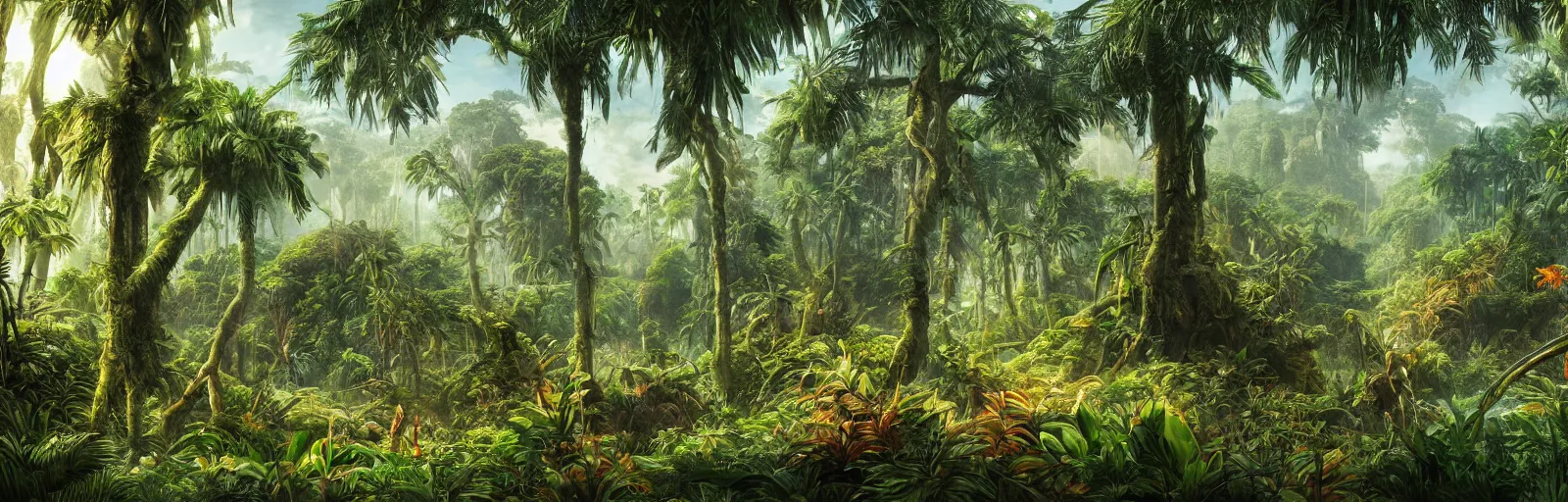 Prompt: painting of a jungle scene on an alien planet by vincent bons. ultra sharp high quality digital render. detailed. beautiful landscape. weird vegetation. water.