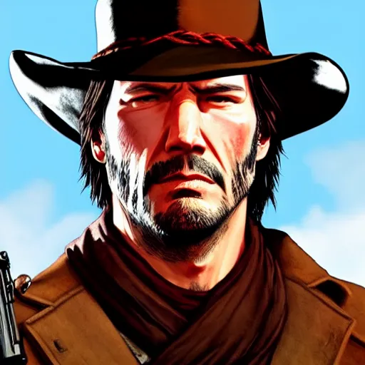 Image similar to Cover art of Red Dead Redemption 3, no text, Keanu Reeves as the main character