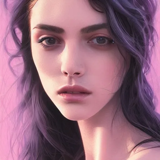 Image similar to beautiful brunette young woman's face, intricate, synth-wave, retrowave, highly-detailed, elegant, dramatic lighting, gorgeous face, lifelike, photorealistic face, long luxurious intricate gown, digital painting, artstation, illustration, concept art, smooth, sharp focus, art by Craig Russel, Barry Smith, artgerm, and Albert Aublet and Krenz Cushart and Artem Demura and Alphonse Mucha