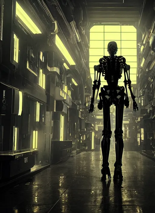 Image similar to skeletal black mecha walking down white marble hallway, Skeletal face android face one eye. mecha (carbon fiber) long limbs black panels reflective. Skeletal face android face one eye ((glowing_red_eye)) RTX On UE5 Artstation Bladerunner_2049_scene!!!!!! Cyberpunk 2077 bladerunner2049!!! bladerunner!!! Tom Bagshaw and Greg Rutkowski and Alphonse Mucha