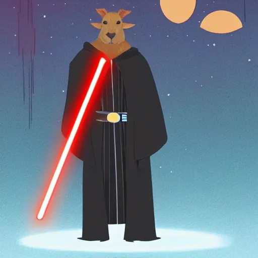 Image similar to an illustration of a capybara wearing a sith robe and holding a lightsaber, Digital art