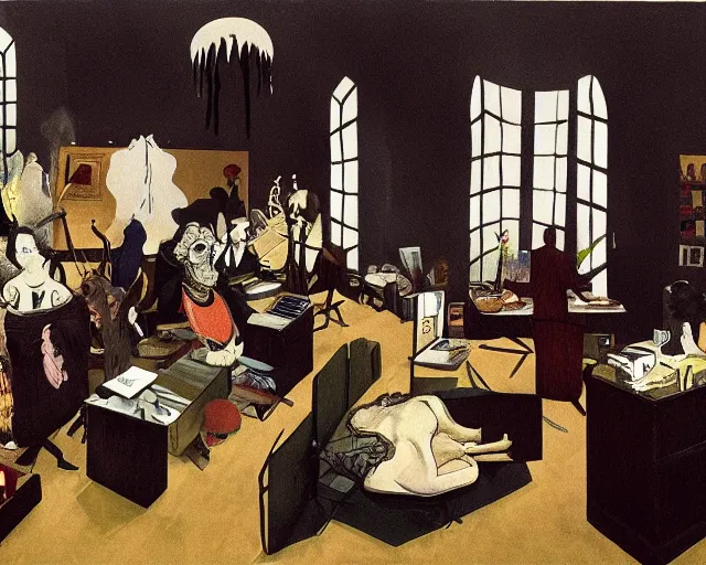 Image similar to the horror of beaurocracy, papers, horror, desks, office, waiting, stress, frustration, anger, crowded, harsh cinematic lighting, high qulity, 4 k, by charles addams and hilma af klint and affandi