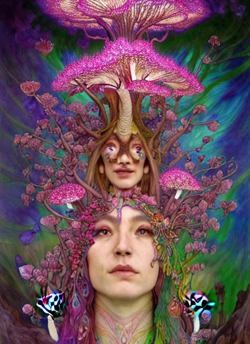 Prompt: extremely psychedelic organic shaman made of orchid and cherry blossom tree and mushroom, diffuse lighting, fantasy, intricate, elegant, highly detailed, lifelike, photorealistic, digital painting, artstation, illustration, concept art, smooth, sharp focus, art by John Collier and Albert Aublet and Krenz Cushart and Artem Demura and Alphonse Mucha