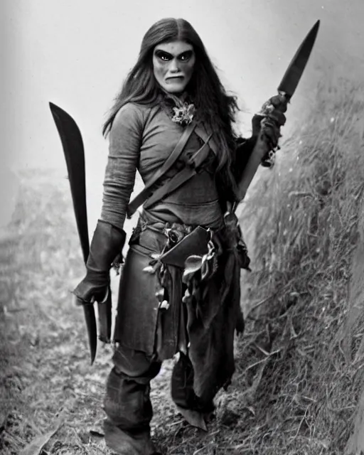 Prompt: female half orc with brown hair, melee weapons, dnd, leather clothing, photo by gertrude kasebier