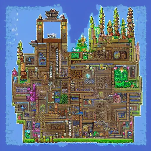 Prompt: city of columbia, terraria art, castlevania art