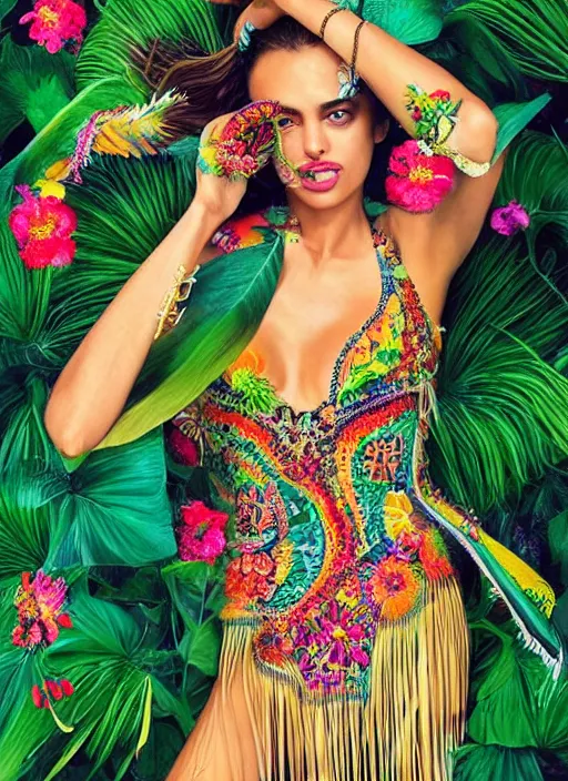 Prompt: beautiful portrait of Irina Shayk wearing fantastic dress in the harper's bazaar magazine ,embellished beaded feather decorative fringe knots ,colorful pigtail,subtropical flowers and plants,perfect symmetrica body shape,symmetrical face,intricate,elegant,highly detailed,8k,post-processing,digital painting,trending on pinterest,concept art, sharp focus, illustration, by artgerm,Tom Bagshaw,Lawrence Alma-Tadema,greg rutkowski,golden ratio