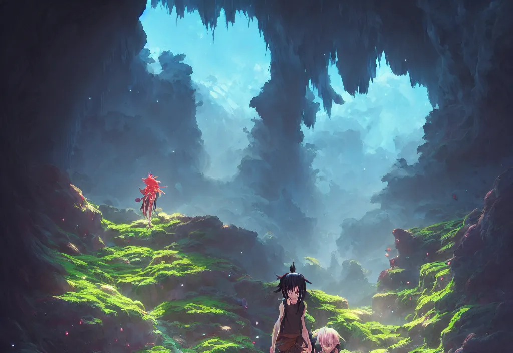 Image similar to a dark cave with crystals and moss on the walls, intricate oil painting, high detail illustration, sharp high detail, manga and anime 1 9 9 9, official fanart behance hd artstation by jesper ejsing and makoto shinkai, 4 k,