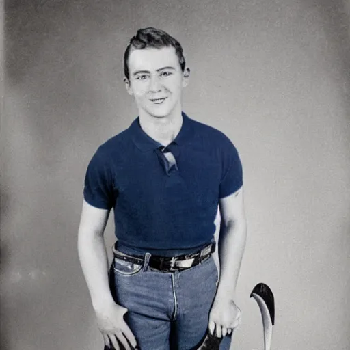 Image similar to preston hawkes wearing a blue collared polo shirt with blue jeans holding a protractor in one hand and a sword in the other hand, studio portrait