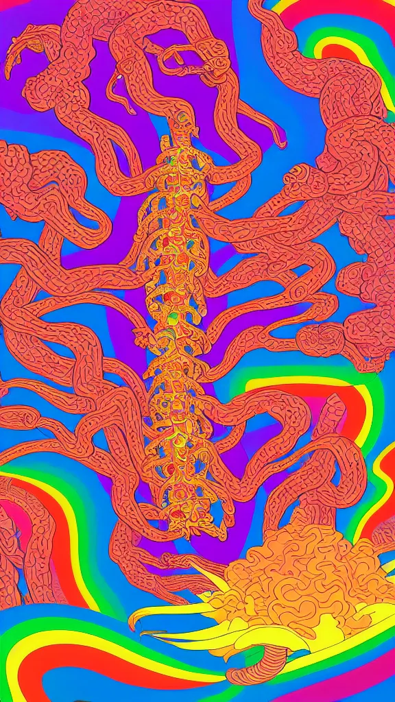 Image similar to a portrait of a lernaean hydra with human heads and psychedelic arms on an acid trip in a multicoloured rainbow in the cosmos, flat design, screen print by Kawase Hasui and alex grey, 8k unreal engine