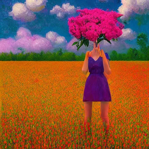 Image similar to girl with a huge flower as a face, surreal photography, dream, standing in flower field, hills, big trees, sunrise dramatic light, impressionist painting, colorful clouds, digital painting, pointillism, artstation, simon stalenhag, flower face