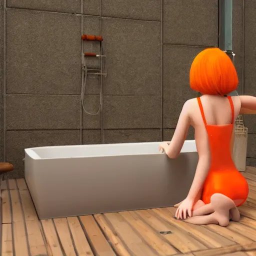 Prompt: a girl heats a bathhouse, height 1 7 8, 3 d, good detail, full nd, 4 k, orange hair, garden, firewood, brunette with red stripes on her hair, gray eyes, good hips and long legs, dressed in a top and shorts
