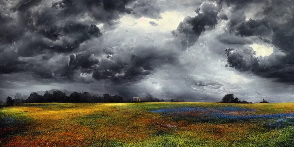 Image similar to school on the hill, surreal photography, blue and grey storm clouds, dramatic light, impressionist painting, digital painting, art station, simon starnhager