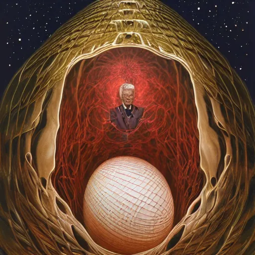 Image similar to portrait of immense, majestic, surreal, terrifying joe biden emerging from the cosmic egg, perfectly clear face, by j. c. leyendecker, alex grey, anato finnstark, bosch, and beksinski