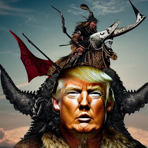 Image similar to viking riding dragons flies holding donald trump's severed head