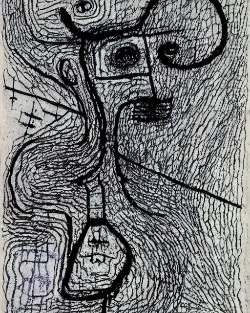 Image similar to portrait of a demon. Line drawing by Paul Klee. Pen and ink by Dali.