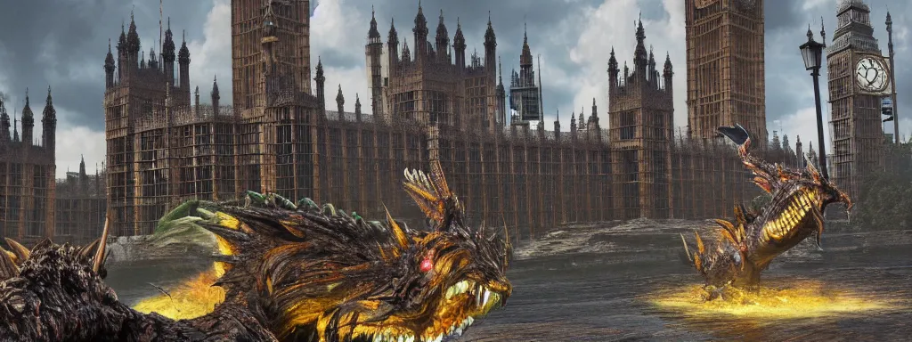 Image similar to large sinkhole in the middle of london westminster, big ben, with ancient glowing spiked wyvern flying creatures emerging from the hole, in the style of monster hunter world, like concept art on artstation, hyperdetailed, vray render, octane render,