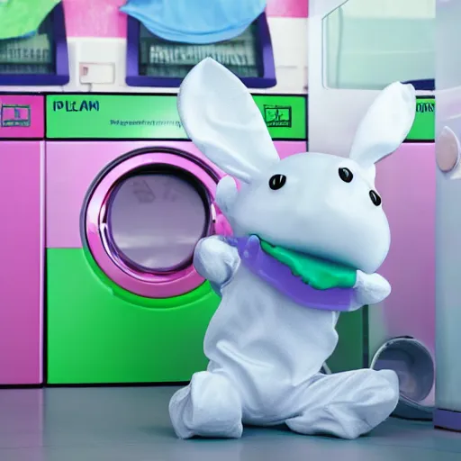 Image similar to plastic toy frog in a bunny suit cleaning up the laundromat, pastel colors