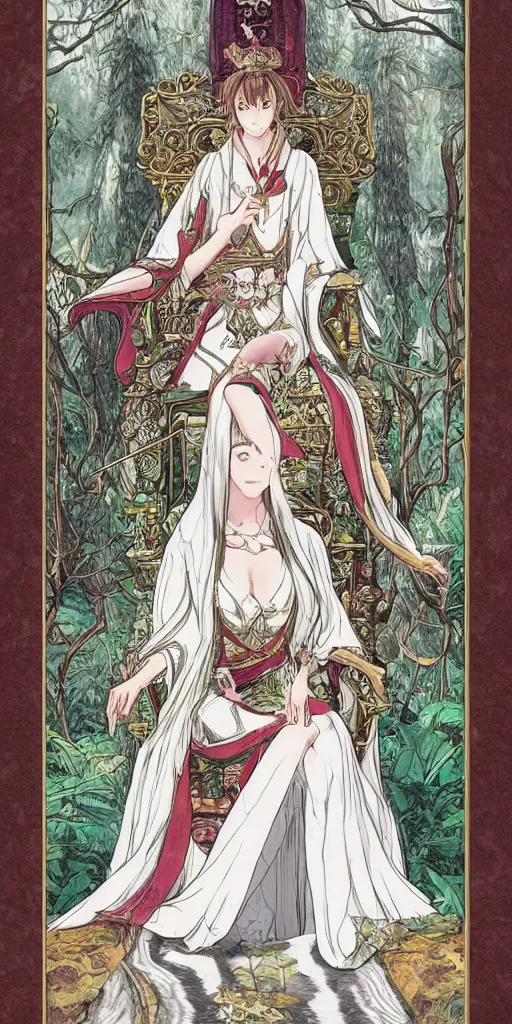 Image similar to an highly detailed magical empress sitting by herself on a sofa in a forest wearing a white robe drawn by cloverworks studio, elegant and beautiful, tarot card, Tarot card the empress, rich colors