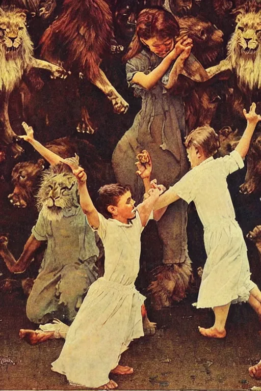 Prompt: sad lions dancing with angels by norman rockwell