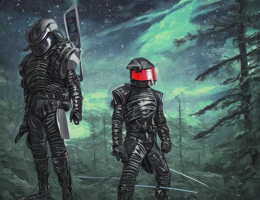 Prompt: a detailed portrait painting of a bounty hunter wearing a reflective visor, standing in a forest holding a weapon, spacecraft flies in the distance. cinematic sci-fi poster. Flight suit, cloth and metal, accurate anatomy. Samurai influence, knight influence. fencing armour. portrait symmetrical and science fiction theme with lightning, aurora lighting. clouds and stars. Futurism by moebius beksinski carl spitzweg moebius and tuomas korpi. baroque elements. baroque element. intricate artwork by caravaggio. Oil painting. Trending on artstation. 8k