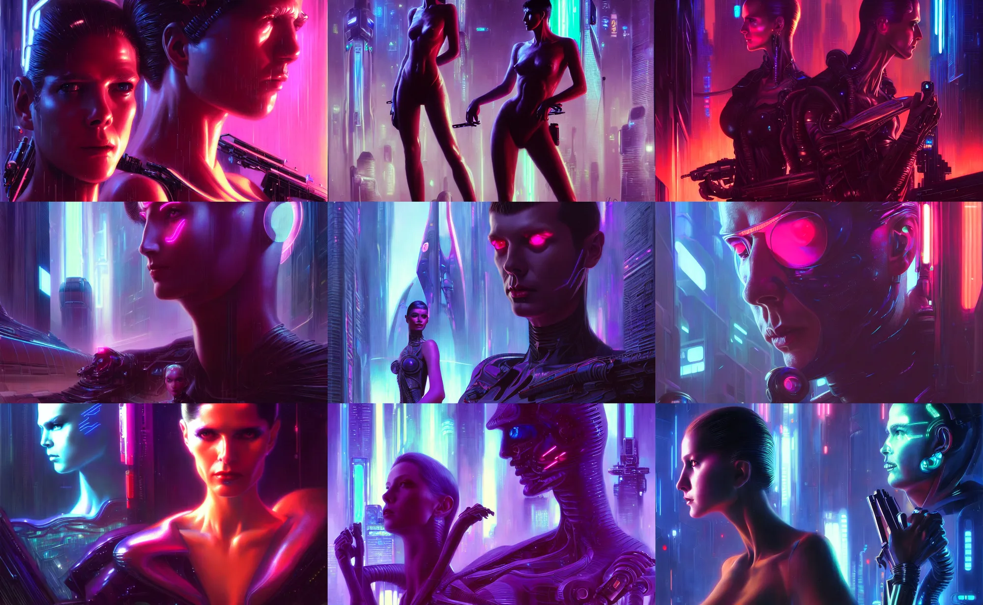 Prompt: beautiful sci - fi people, neon reflections, fantasy art portrait, ultra realistic, cinematic, blade runner tech, wide angle, highly detailed by wayne barlowe, hajime sorayama, boris vallejo, raf grassetti, neville page, aaron horkey, craig mullins, roberto ferri, artstation