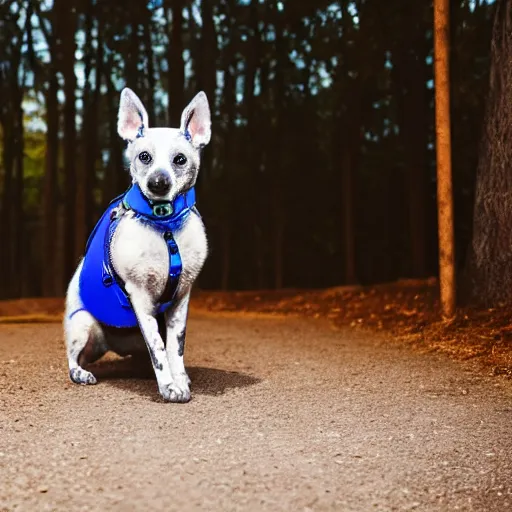 Image similar to blue heeler dog on a motorcycle, 8 k photography, blurred background of a wafflehouse