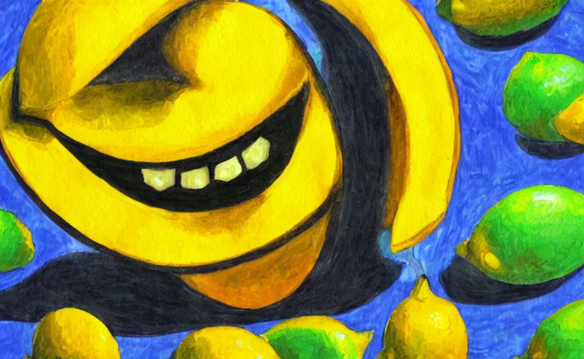 Image similar to an evil lemon, expressionist painting, detailed