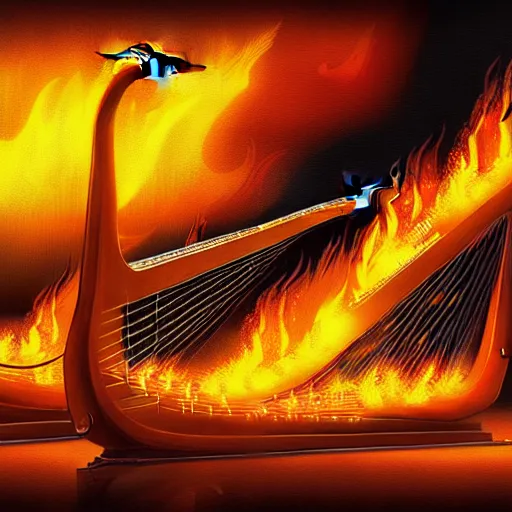 Image similar to in the lower part of the picture is the harp burning in the fire, above are cranes flying in flames, digital painting, concept art